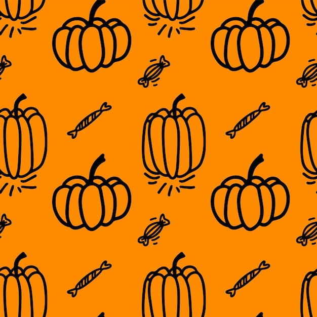 Vector vector halloween de patrones sin fisuras calabazas dulces y caramelos clipart en naranja ilustración linda divertida para el diseño de temporada decoración textil sala de juegos para niños o tarjeta de felicitación arte dibujado a mano
