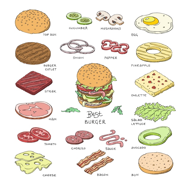 Vector de hamburguesa de comida rápida hamburguesa o hamburguesa con queso constructor con ingredientes carne bollo tomate y queso ilustración fastdood sandwich o hamburguesa conjunto aislado sobre fondo blanco
