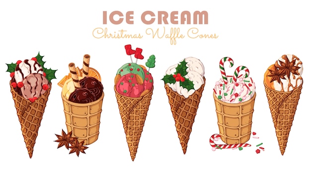Vector el helado de la Navidad en conos de la galleta.