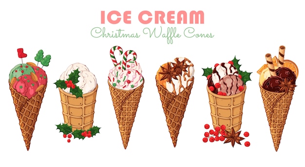 Vector el helado de la Navidad en conos de la galleta.