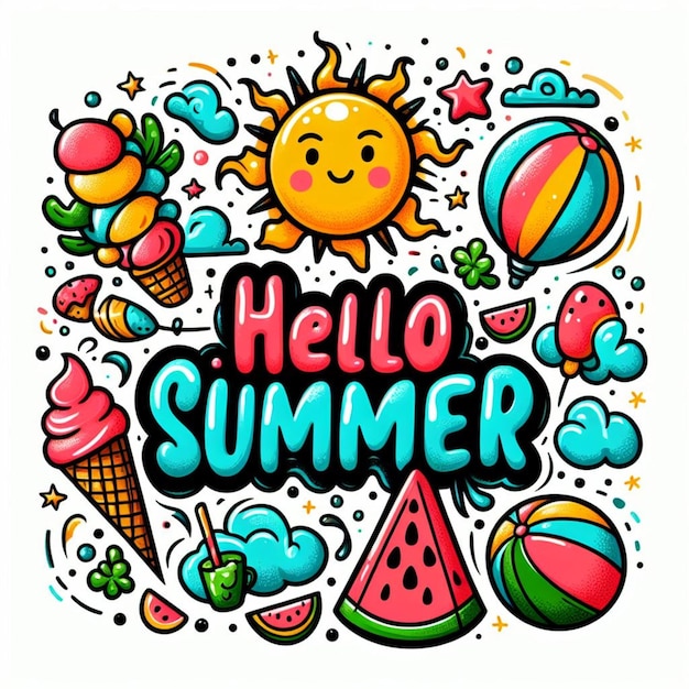 Vector hello verano diseño vectorial texto de verano con sol personaje sonriente