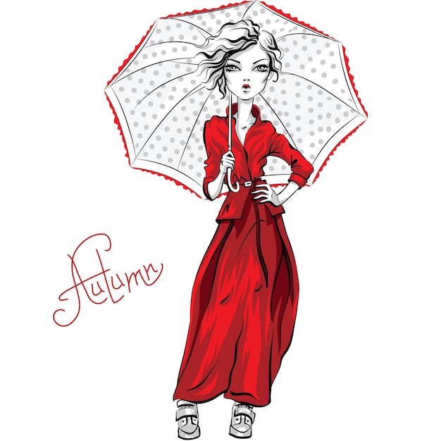 Vector hermosa chica de moda en ropa de otoño chaqueta roja y falda con paraguas