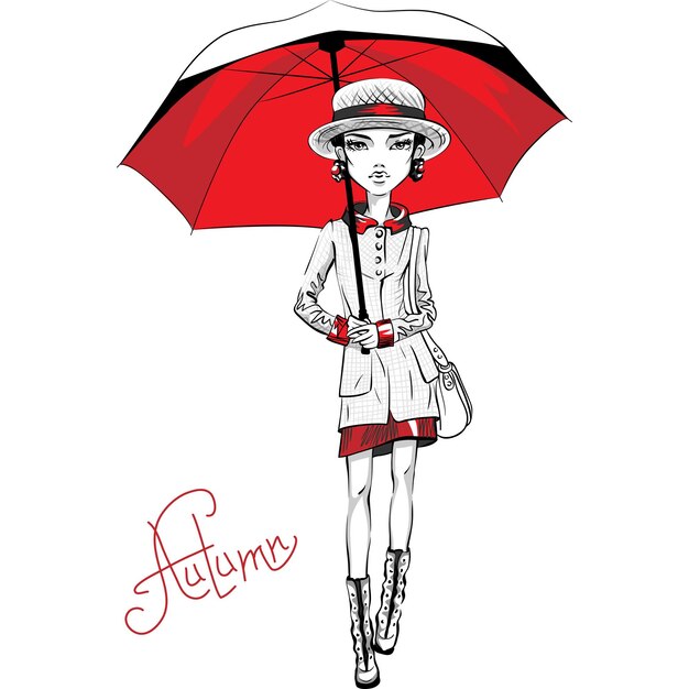 Vector hermosa chica de moda con ropa de otoño, sombrero y botas, chaqueta y falda con un paraguas rojo