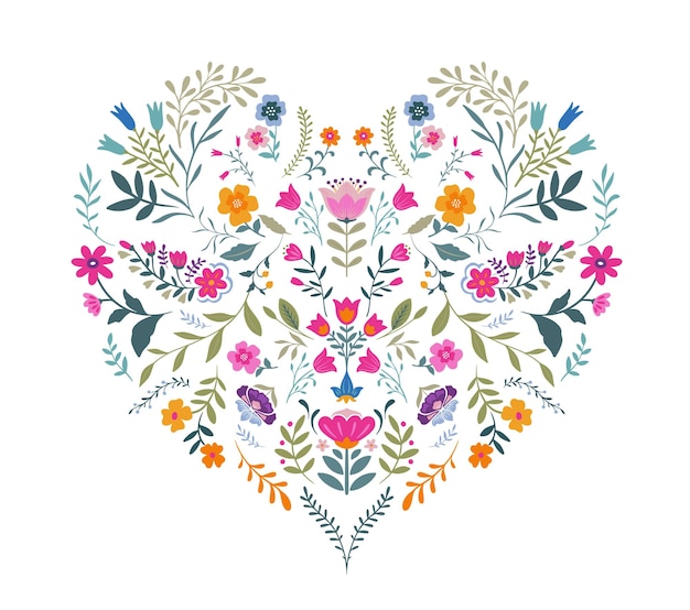 Vector hermosa composición con plantas de flores ornamentadas Arte popular cartel floral