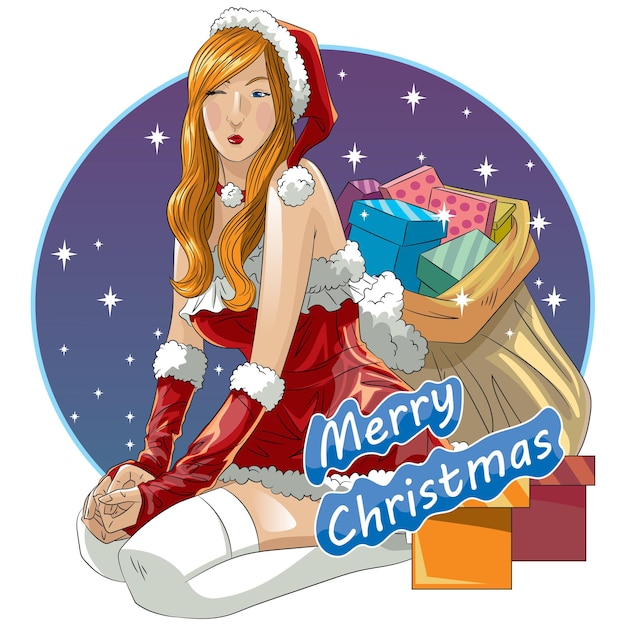 Vector hermosa doncella de nieve sexy con regalos de navidad