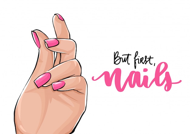 Vector hermosa mujer manos con esmalte de uñas rosa.