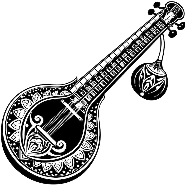 Un vector hermosamente detallado de un sitar tradicional que muestra cuerdas y tallas intrincadas