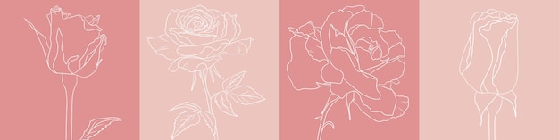 Vector hermosas flores Un dibujo de línea de una rosa y un brote sobre un fondo de colores rosados pastel