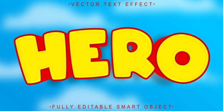 Vector vector de héroe de dibujos animados efecto de texto de objeto inteligente totalmente editable