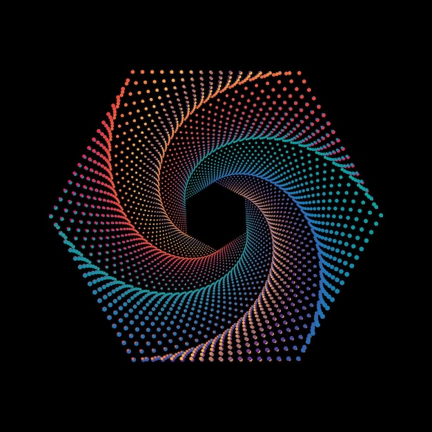 Vector de hexágono de vórtice espiral punteado colorido. Logotipo de puntos de patrón de remolino hexagonal.