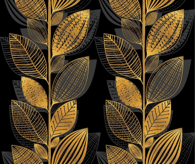 Vector hojas patrón de textura dorado y negro 5