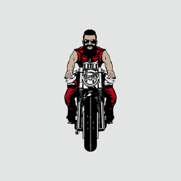 Vector de hombre barbudo motociclista montando café corredor motocicleta ángulo de vista delantera