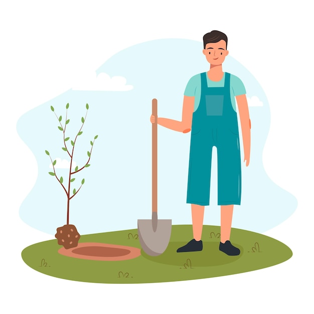 Vector hombre cavando tierra con pala para plantar un árbol macho trabajando en el jardín