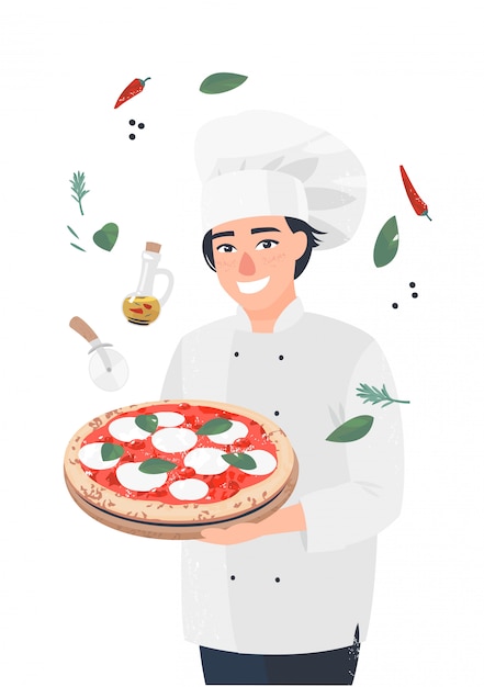 Vector hombre cocinar de pie con pizza