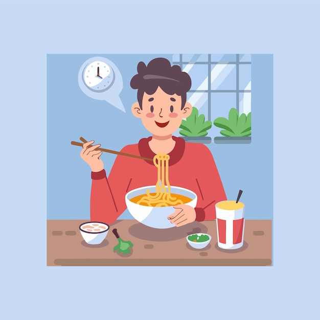 Vector de un hombre comiendo fideos