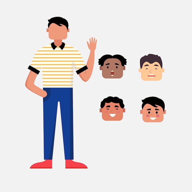 Vector vector de hombre joven de estilo de dibujos animados plana con conjunto de caras diferentes