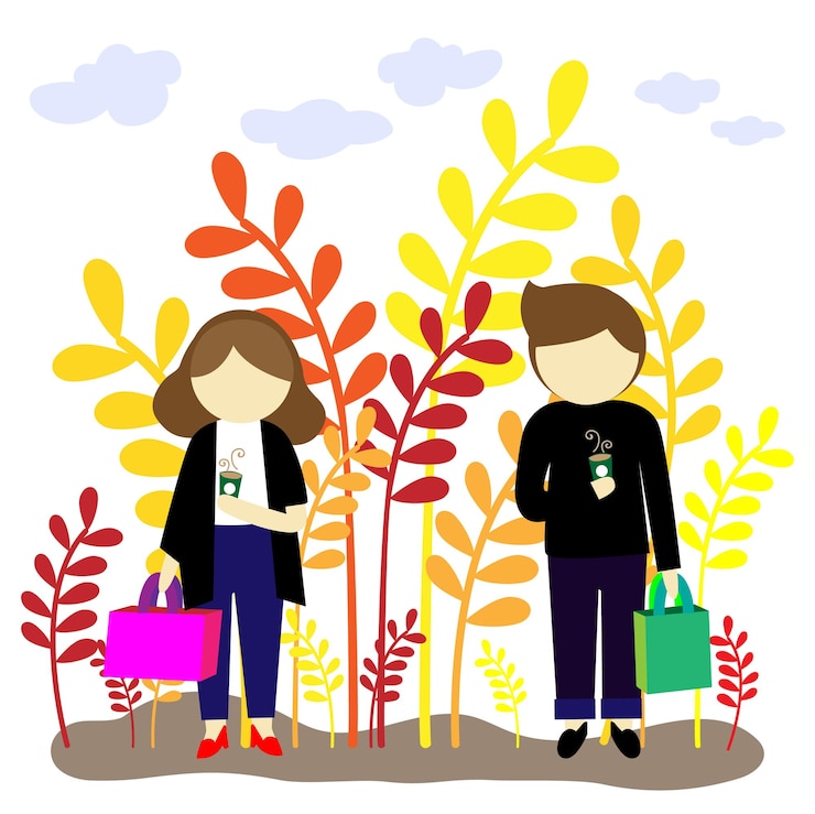 Vector vector, hombre y mujer, en, colorido, hoja, plano de fondo