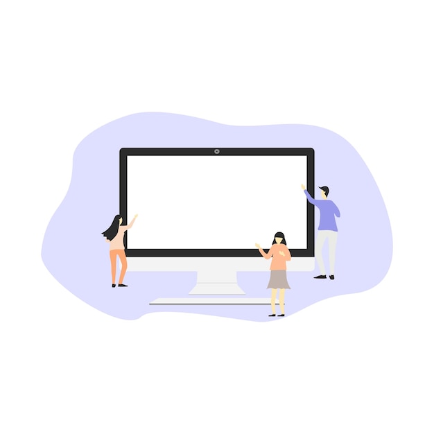 Vector vector hombre y mujer señalando y presente con computadora de pantalla vacía estilo plano simple