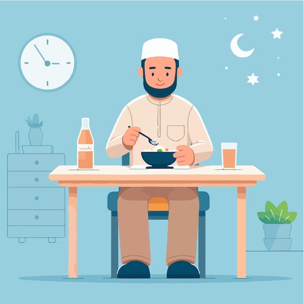 El vector de un hombre musulmán comiendo vibraciones del mes de Ramadán