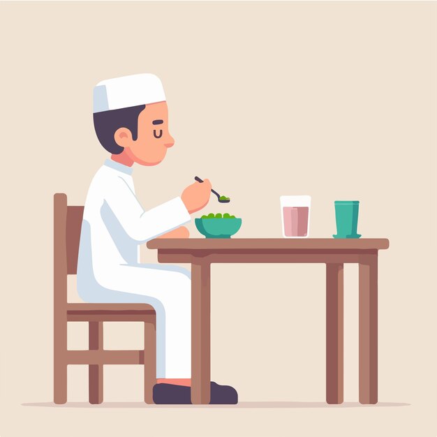 El vector de un hombre musulmán comiendo vibraciones del mes de Ramadán