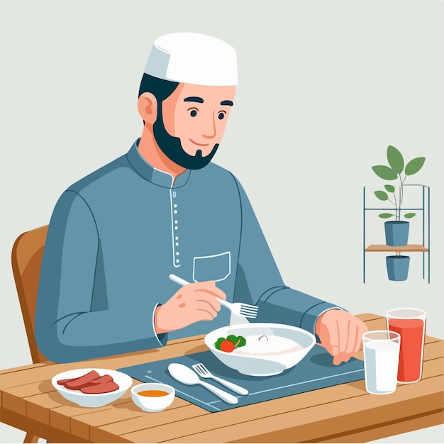 El vector de un hombre musulmán comiendo vibraciones del mes de Ramadán