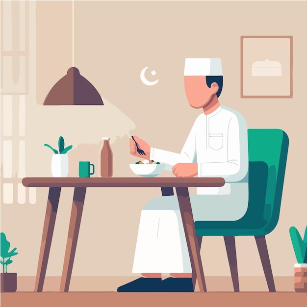 El vector de un hombre musulmán comiendo vibraciones del mes de Ramadán