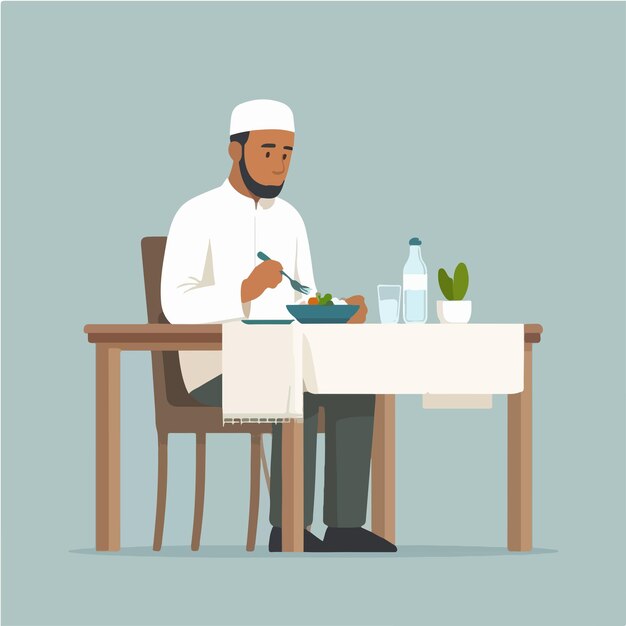 El vector de un hombre musulmán comiendo vibraciones del mes de Ramadán