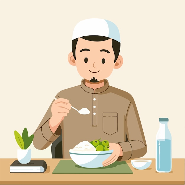 El vector de un hombre musulmán comiendo vibraciones del mes de Ramadán