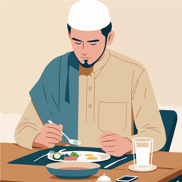 El vector de un hombre musulmán comiendo vibraciones del mes de Ramadán