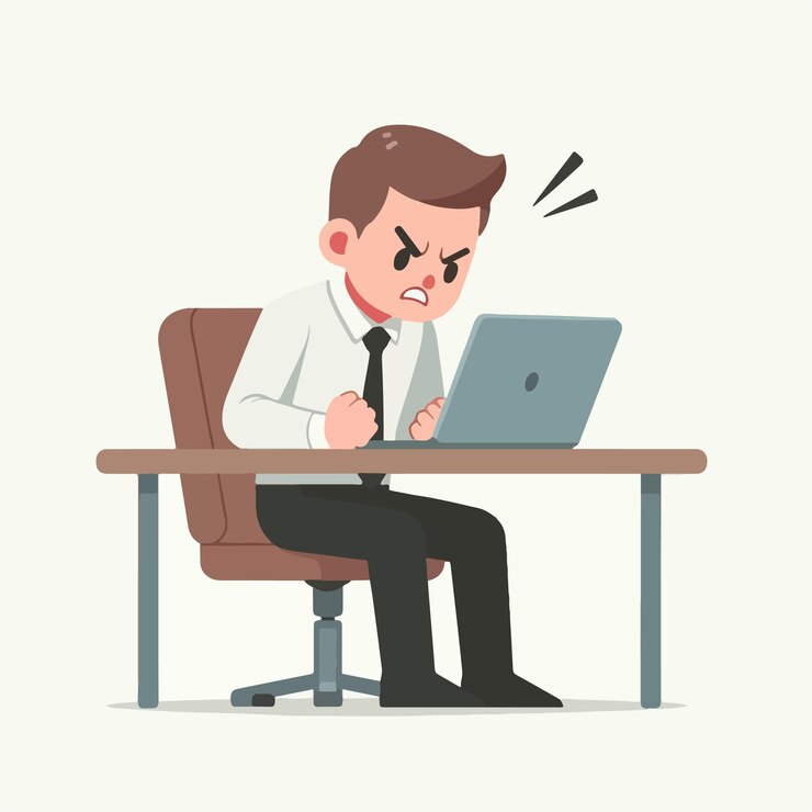 Vector vector hombre de negocios enojado con una computadora portátil con un estilo de diseño plano simple