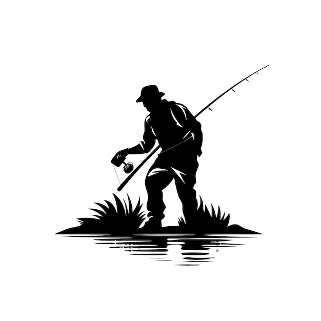 Vector de un hombre pescando en el agua al atardecer