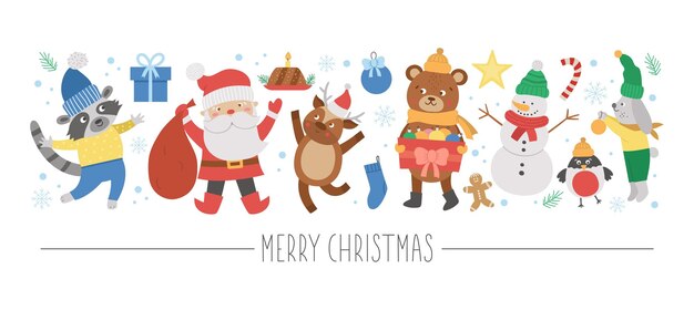 Vector horizontal con elementos y personajes planos de Navidad. Diseño de plantilla de tarjeta con Santa Claus, animales divertidos, muñeco de nieve, presente. Lindo borde de invierno o año nuevo.