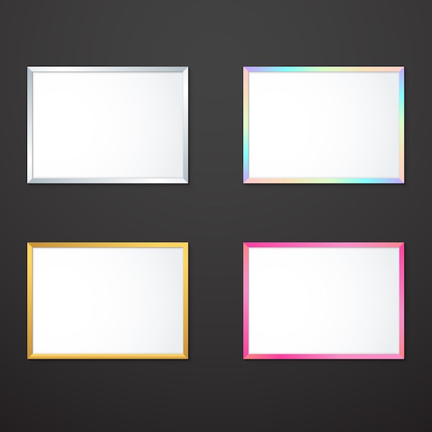 Vector vector horizontal plata oro perla rosa frontera marco de fotos vacío simulacro de sombra realista plantilla de imagen en blanco aislado fondo oscuro