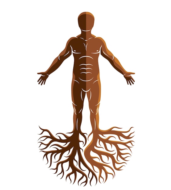 Vector vector humano, individualidad creada con raíces de árboles. árbol genealógico, árbol de la vida ilustración gráfica conceptual.