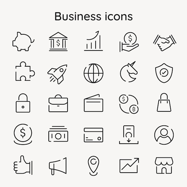Vector de icono de comercialización de negocios conjunto de líneas mínimas negras
