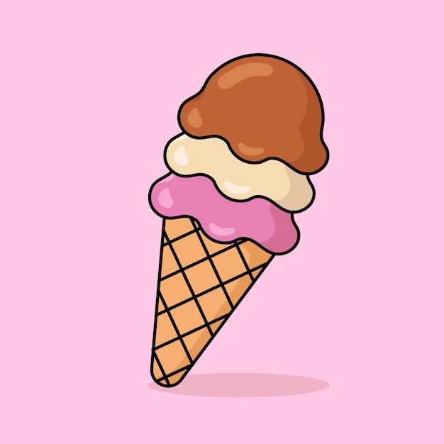 Vector de icono de dibujos animados de cuchara de helado lindo Cucharadas de vainilla y chocolate de fresa en cono de waffle Postres Alimentos dulces Concepto de icono de diseño plano Icono de contorno plano de vector