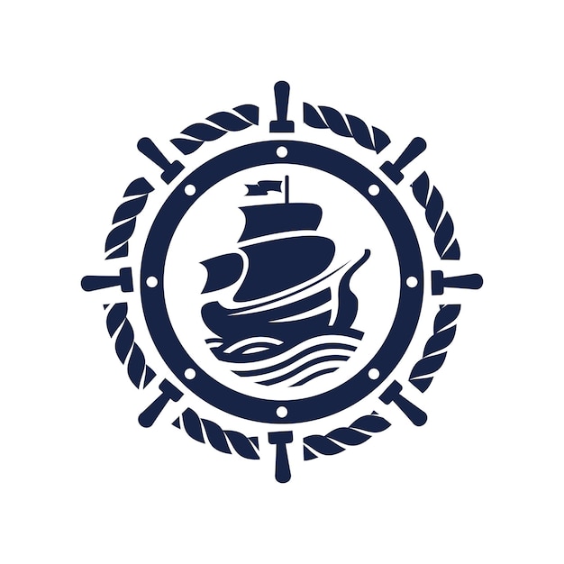 Vector de icono de diseño de logotipo de rueda de barco y barco vintage