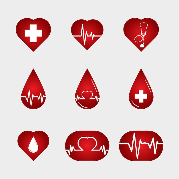 Vector de icono de gota de sangre. Icono rojo médico con gota de sangre, icono de pulso, icono del corazón. Vector de logotipos de servicio médico. Conjunto de iconos médicos con color rojo.