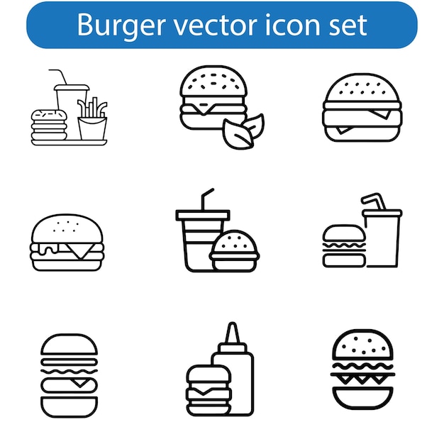 Vector de icono de hamburguesa de comida rápida establecido para el sitio web de UI y UX o aplicación móvil
