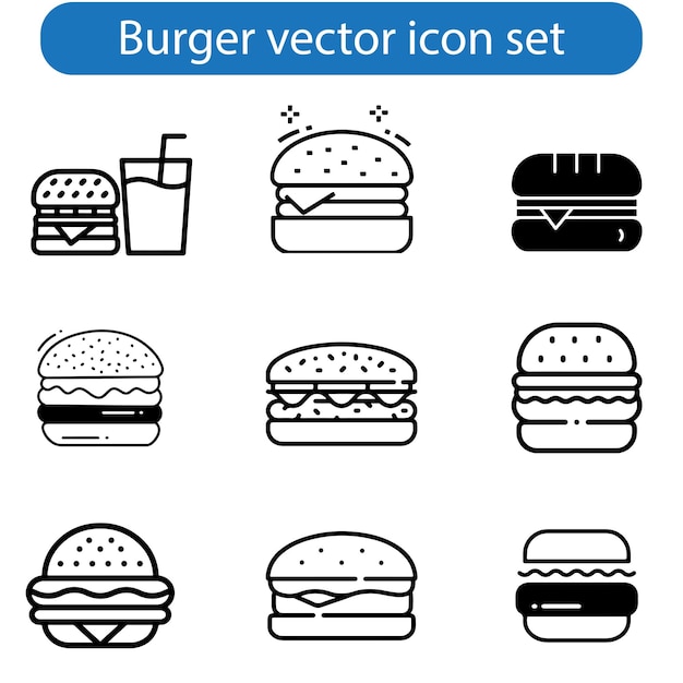 Vector de icono de hamburguesa de comida rápida establecido para el sitio web de UI y UX o aplicación móvil