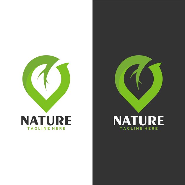 Vector de icono de logotipo de lugar de naturaleza aislado con ilustración de hoja y pin o punto