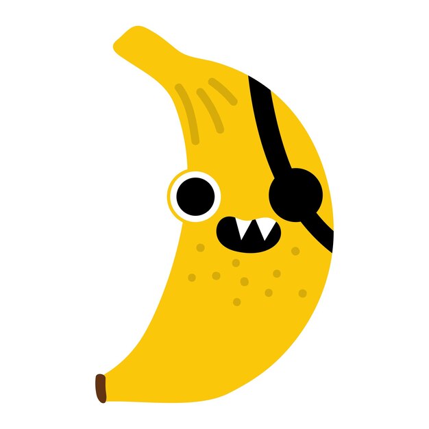 Vector icono de plátano kawaii divertido ilustración de fruta pirata planta cómica con ojos parche en el ojo y boca aislado sobre fondo blanco clipart de comida de verano saludable