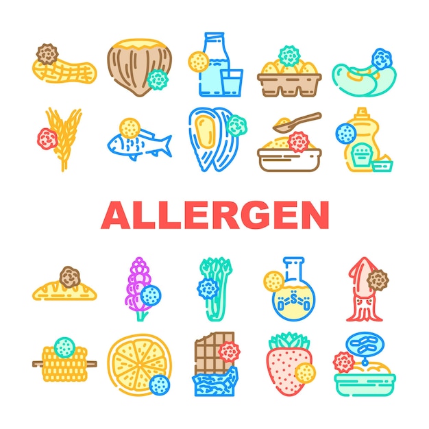 Vector de los íconos de los alimentos libres de alérgenos del producto