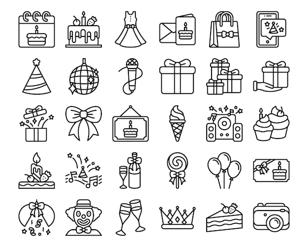 y vector de iconos de contorno de cumpleaños y fiestas