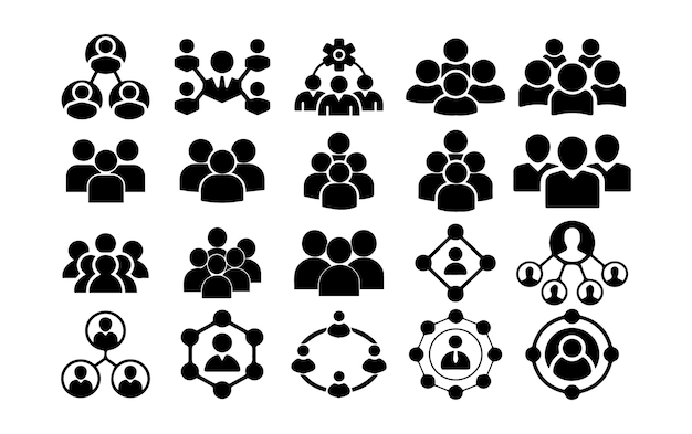 Vector de iconos de glifos relacionados con el trabajo en equipo de procesos empresariales y la gestión de recursos humanos