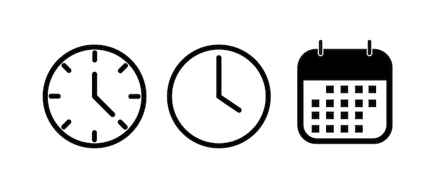 Vector de iconos de hora y fecha Elementos de eventos aislados en un fondo transparente Ilustración vectorial en blanco y negro