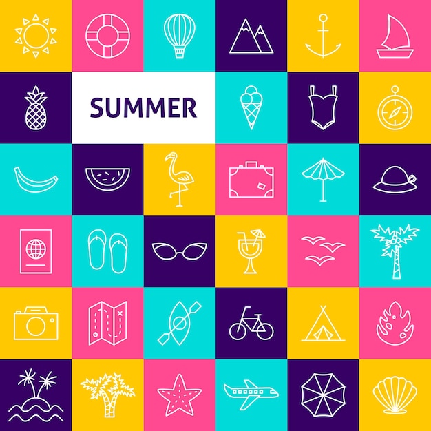 Vector iconos de línea de verano. símbolos de moda de contorno fino sobre cuadrados coloridos.