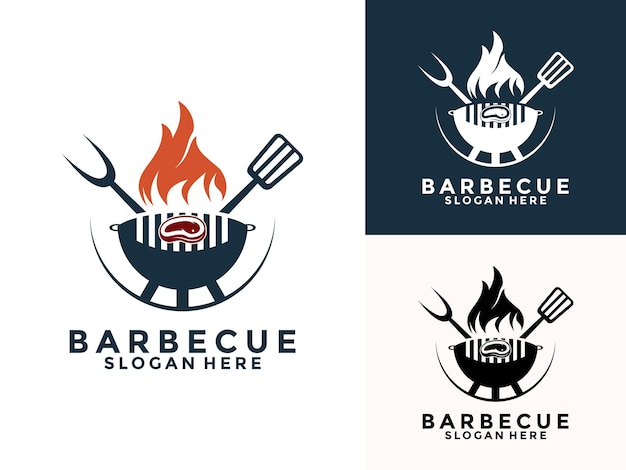 Vector de iconos de logotipo de comida y restaurante de barbacoa y barbacoa