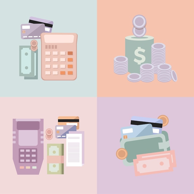 Vector Iconos de negocios y finanzas Cambio de dinero Contabilidad presupuestaria en pasteles