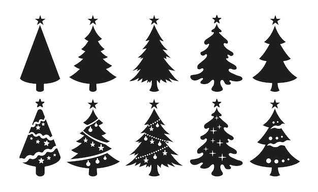 Vector iconos negros de árboles de Navidad aislados sobre fondo blanco. Siluetas negras de árboles de Navidad con estrellas en la parte superior.